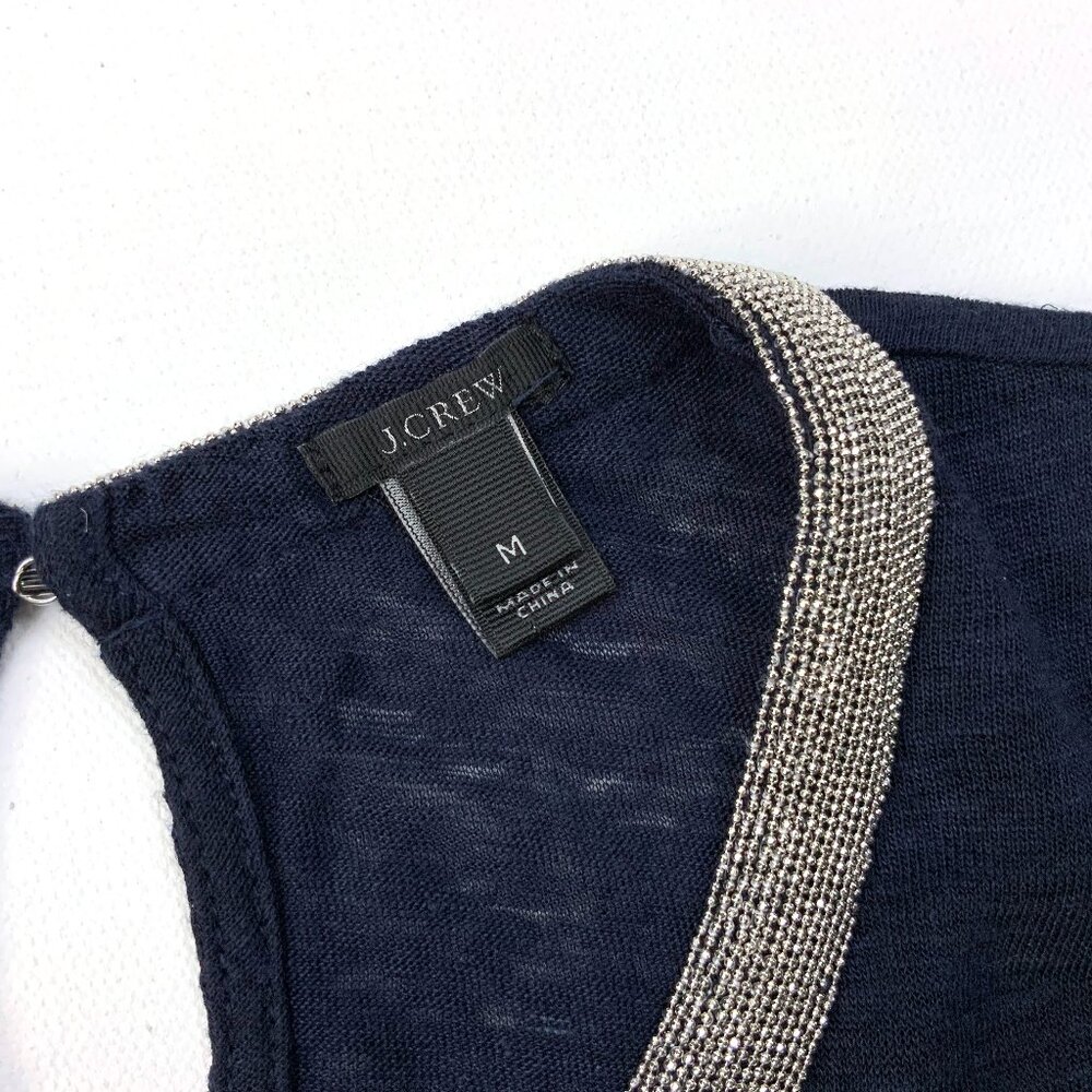 New J. Crew Navy Linen Embellished Collar Short Sleeve Tee Sz M - Picture 4 of 16